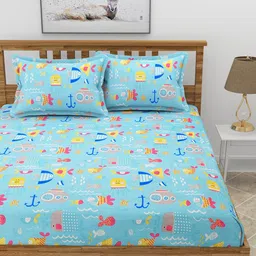 MORADO Blue & Yellow Conversational 210 TC Queen Bedsheet with 2 Pillow Covers image 2