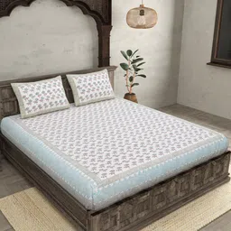 JAIPUR FABRIC White & Blue Floral Block Print Cotton Queen Bedsheet with 2 Pillow Covers-image-1