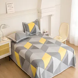 JC HOME Grey & Yellow Geometric 160 TC King Bedsheet with 2 Pillow Covers image 4