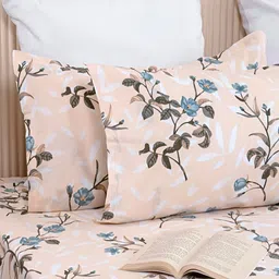 HOMEMONDE Beige & White Floral 210 TC Single Bedsheet With Pillow Cover image 2