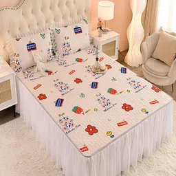 JC HOME Beige & Red Graphic 160 TC Fitted Queen Bedsheet with 2 Pillow Covers image 2