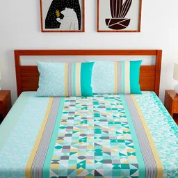 Home Ecstasy Green & White Geometric Fitted 140 TC King Bedsheet With 2 Pillow Covers image 5