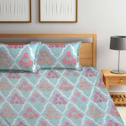 FABINALIV Blue & Pink Printed 300 TC Fitted King Bedsheet with 2 Pillow Covers image 5