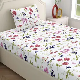 Home Ecstasy White & Blue Floral 140 TC Cotton Single Bedsheet with 1 Pillow Covers image 3