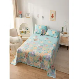 JC HOME Blue & Peach Floral 200 TC Cotton King Bedsheet with 2 Pillow Covers image 3