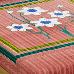 POORAK Peach & White Floral Printed Cotton 104 TC Single Bedsheet With 1 Pillow Cover image 2