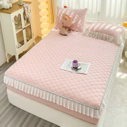 JC HOME Pink Abstract 160 TC Fitted Queen Bedsheet with 2 Pillow Covers image 3