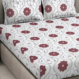 FABINALIV White & Brown Floral 300 TC Fitted King Bedsheet with 2 Pillow Covers image 4