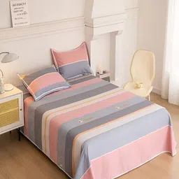 JC HOME Pink & Grey Striped 160 TC Single Bedsheet with 1 Pillow Covers image 3