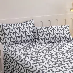 JC HOME White & Grey Conversational 140 TC Queen Bedsheet With 2 Pillow Covers image 4