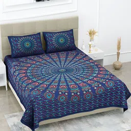 POORAK Blue & Green Ethnic Motifs 104 TC Queen Bedsheet with 2 Pillow Covers image 5