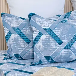 HOMEMONDE Blue & White Geometric Cotton 210 TC Queen Bedsheet with 2 Pillow Covers image 2