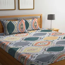 FABINALIV Green & Peach-Coloured Printed 300 TC King Bedsheet & 2 Pillow Covers-image-42