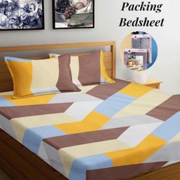 Arrabi Yellow & Beige Geometric 300 TC King Bedsheet with 2 Pillow Covers-picture-21
