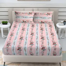 FABINALIV Pink & Blue Floral Cotton 300 TC King Bedsheet with 2 Pillow Covers image 4