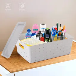 homestic Plastic Pack of 4 Stackable Plastic Storage Box with Lid | 5 LTR | Cannes Pattern - Grey Storage Basket image 3