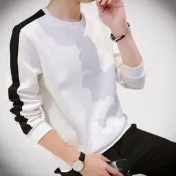 the fabshopper Women Striped Round Neck Cotton Blend White, Black T-Shirt image 1