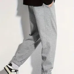 Men Loose Fit Grey Cotton Blend Trousers-image-64