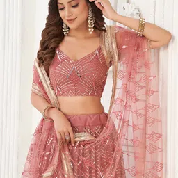 FABPIXEL Embroidered Sequinned Semi-Stitched Lehenga & Unstitched Blouse With Dupatta image 2
