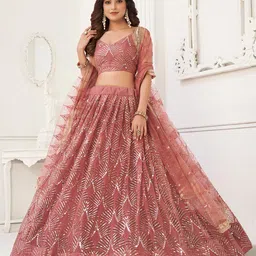 FABPIXEL Embroidered Sequinned Semi-Stitched Lehenga & Unstitched Blouse With Dupatta image 5