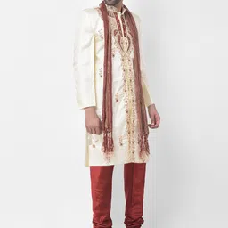 SG LEMAN Men Cream-colored & Maroon Embellished Sherwani Set image 4
