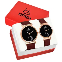 Septem Unisex Black Embellished Dial & Brown Leather Straps Analogue Watch Gift Set-picture-13