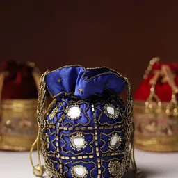 LIKAA Women Blue Mirror Work & Beads Studded Potli Clutche-picture-33