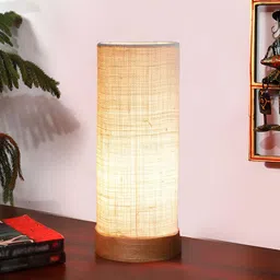 Devansh White Textured Wooden Contemporary Cylindrical Shaped Table Lamp image 5