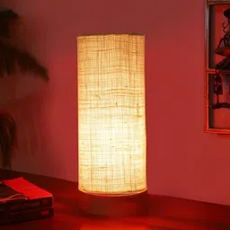 Devansh White Textured Wooden Contemporary Cylindrical Shaped Table Lamp image 4