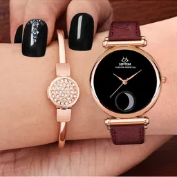 Septem Women Black Embellished Dial & Red Leather Bracelet Style Straps Analogue Chronograph Watch image 3