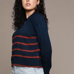 roadster Women Woven Dark Blue, Red Sweater image 3