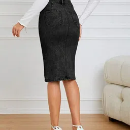 acuan Women Washed Pencil Black Skirt image 2