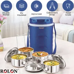 rolon Delight 4 | PU Insulated | 4 Stainless Steel Container | Blue 4 Containers Lunch Box image 3