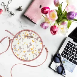 sacci mucci Pink Women Sling Bag Round Sling Bag, Printed Sling Bag, Women Sling Bag-Floral Tree Twig image 3