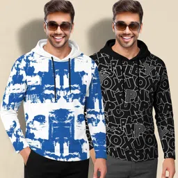 tripr Pack of 2 Men Printed Hooded Neck Cotton Blend White, Blue, Black T-Shirt image 3