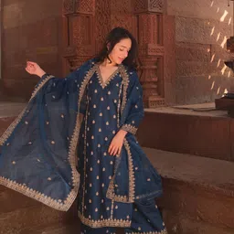 royal export Women Chanderi Kurta Palazzo Dupatta Set image 3
