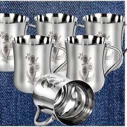 jai shri sons Pack of 6 Stainless Steel Floral Design steel cups of 6_67 image 1