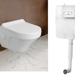 bherunath Wall Mounted P Trap Commode With Soft Seat Cover Cistern Flushing Concealed With Chrome Flush Plate - 10 L FT Western Commode image 3