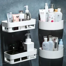 Plastic Multipurpose Home Kitchen Bathroom Accessories Set Traceless Wall Holder Plastic Wall Shelf-image-3