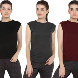 ap'pulse Pack of 3 Women Solid Round Neck Cotton Blend Maroon, Black, Grey T-Shirt-picture-21