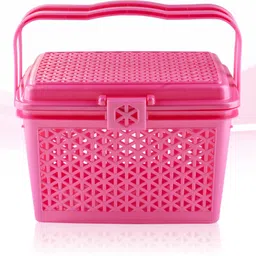 homestic Plastic Multipurpose Small Storage Box with Lid & Handle | Barbie Pink Storage Basket image 2