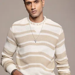 roadster Men Striped Round Neck Beige Sweater-picture-15