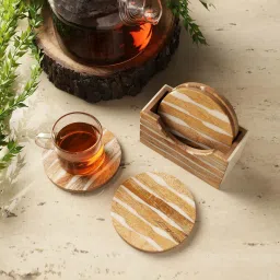 the decor mart Waves Round Brown & White MDF (Set of 4) Table Coaster with Stand image 5
