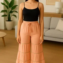 yes ten Women Loose Fit, Flared Pink Georgette Trousers-picture-32