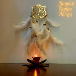 dhruvtar store DHRUVTAR Dream Catcher ~ White Ganesh Car Hanging ~ Handmade Hangings for Positivity (Can be Used as Home Décor Accents, Wall Hangings, Garden, Car, Outdoor,... Feather, Wool Windchime image 3