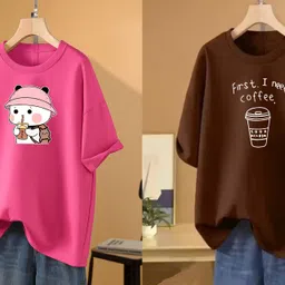 rapturous Pack of 2 Women Printed Round Neck Cotton Blend Pink, Brown T-Shirt-picture-28