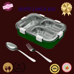 evara international Lunch Box 3 Compartment Leakproof Stainless Steel With SPOON & FORK_LG325 3 Containers Lunch Box image 1