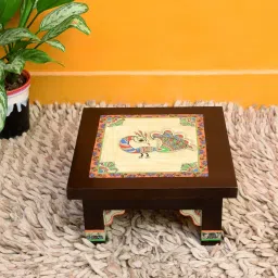 Multicolour Teakwood Peacock Chowki by Aakriti Art Creations image 1