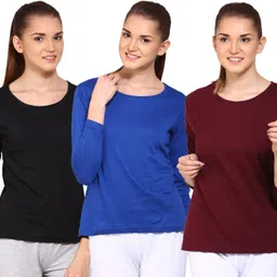 ap'pulse Pack of 3 Women Solid Round Neck Cotton Blend Blue, Maroon, Black T-Shirt-picture-17