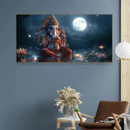 nestroots Gold Canvas Framed Lord Ganesha in Divine Moon Wall Painting-picture-16
